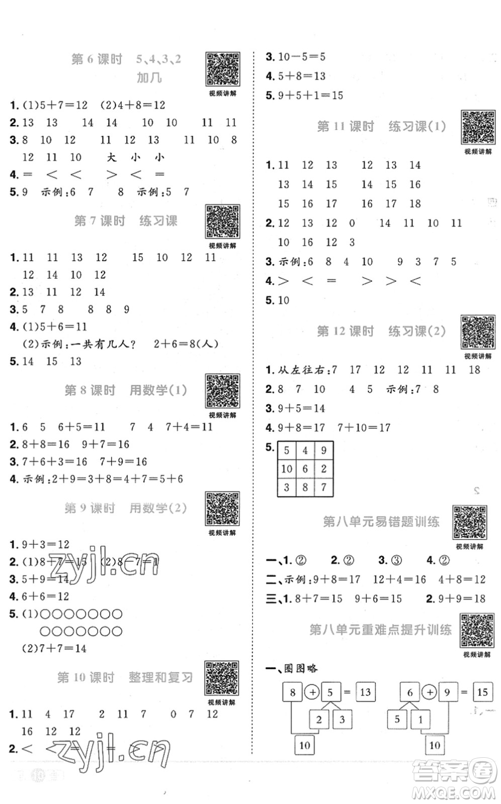 江西教育出版社2022陽光同學課時優(yōu)化作業(yè)一年級數(shù)學上冊RJ人教版菏澤專版答案