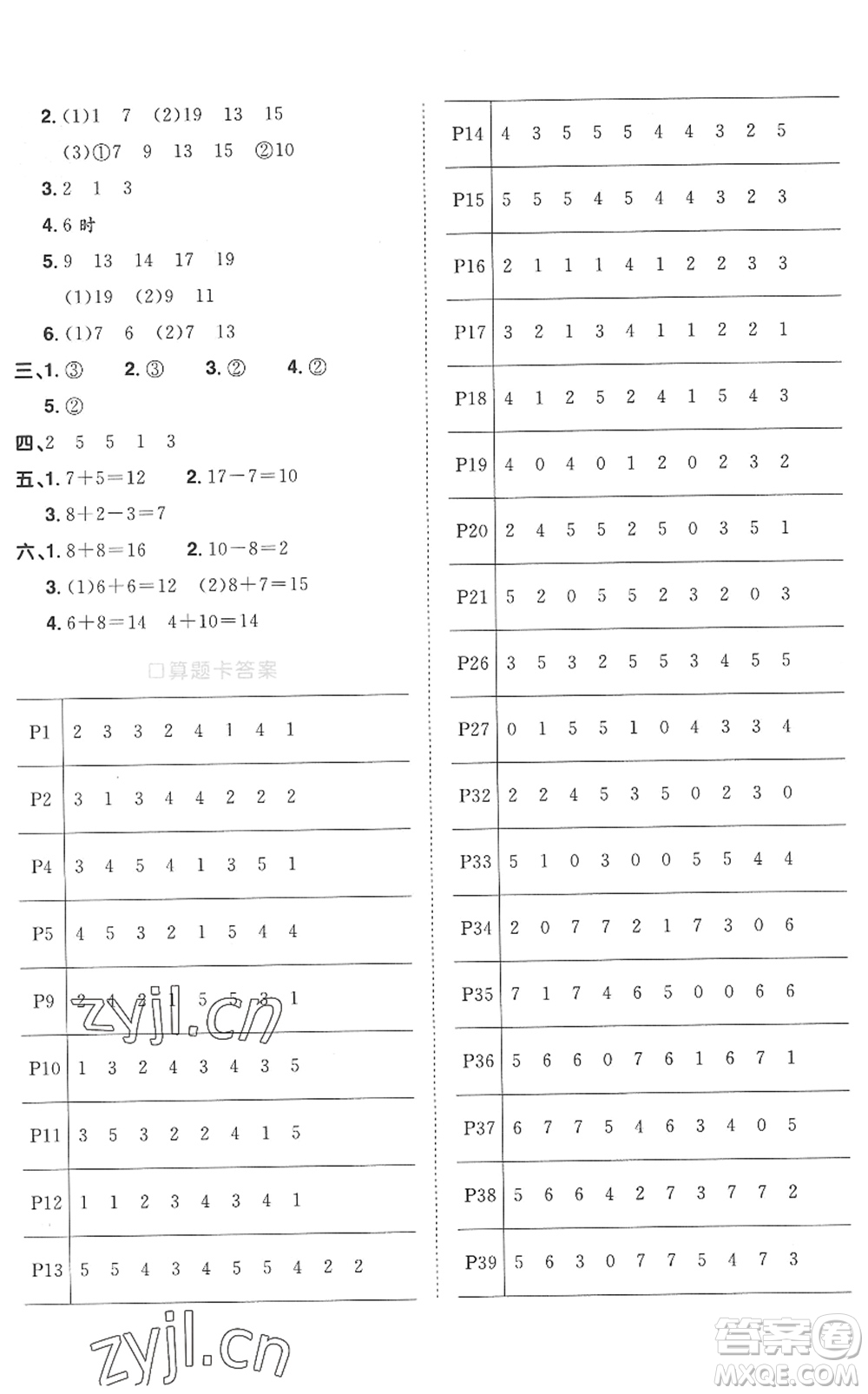 江西教育出版社2022陽光同學課時優(yōu)化作業(yè)一年級數(shù)學上冊RJ人教版菏澤專版答案