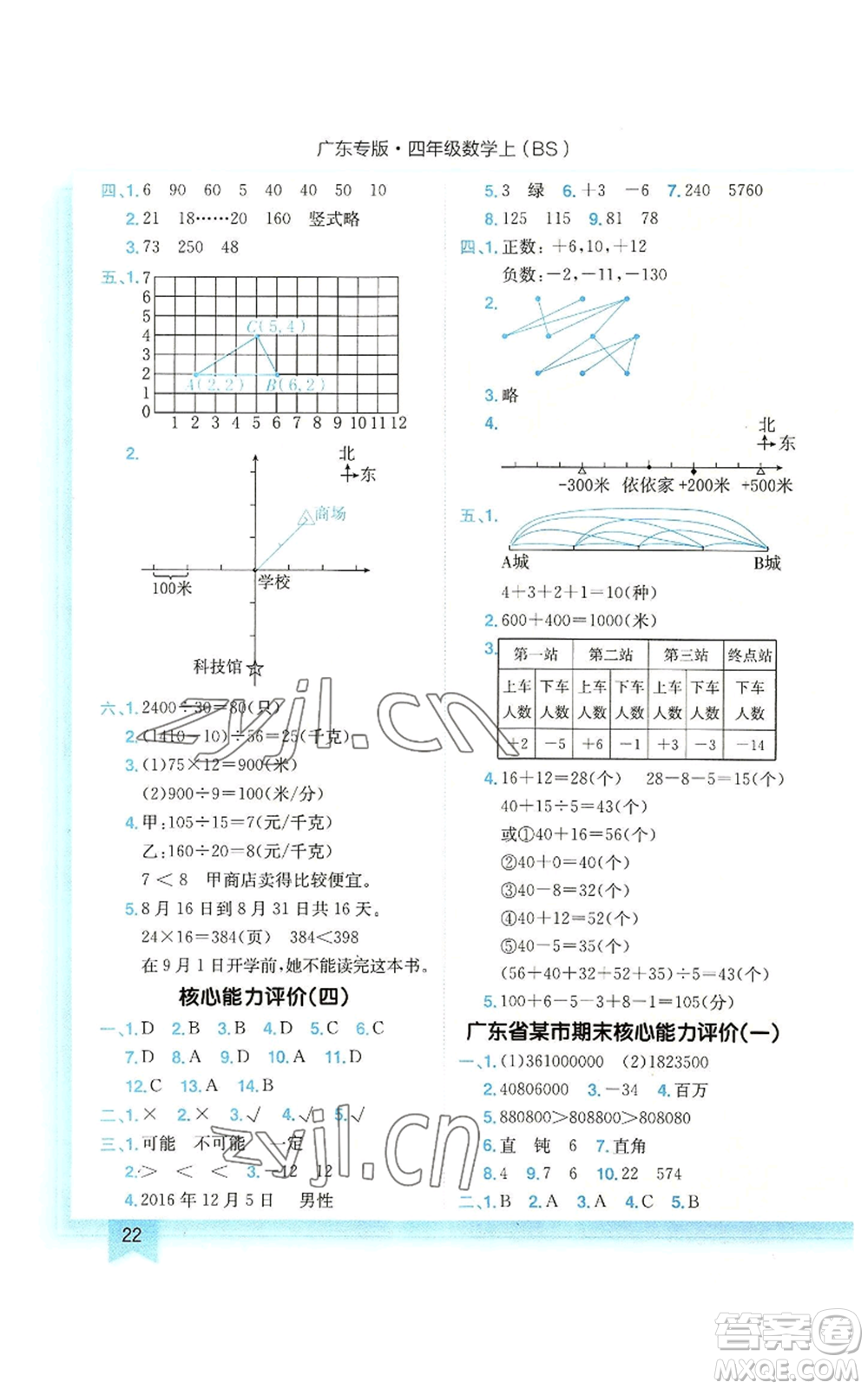 龍門書局2022黃岡小狀元作業(yè)本四年級(jí)上冊數(shù)學(xué)北師大版廣東專版參考答案