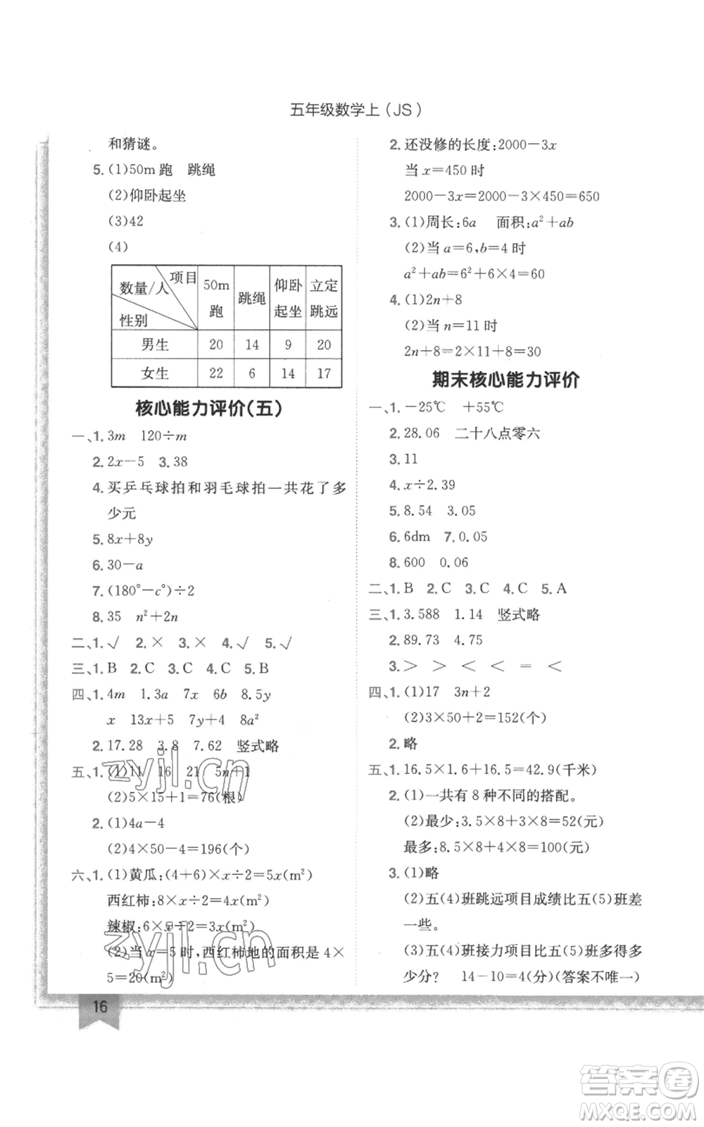 龍門書局2022黃岡小狀元作業(yè)本五年級上冊數(shù)學江蘇版參考答案