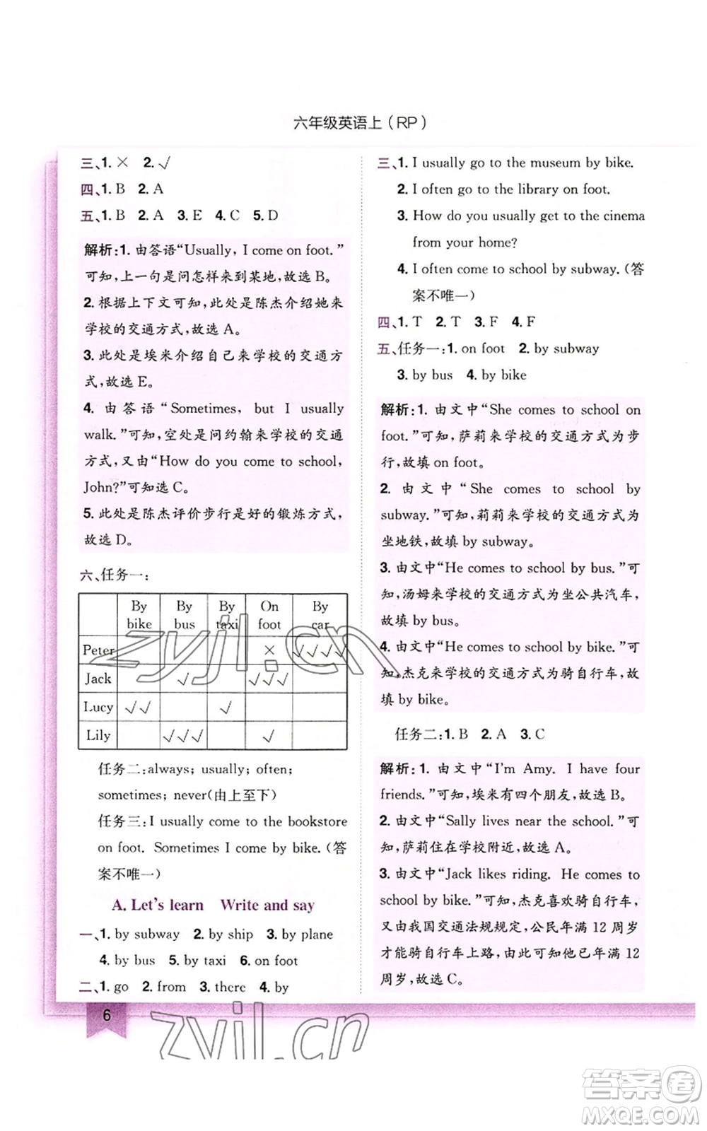龍門書局2022黃岡小狀元作業(yè)本六年級(jí)上冊(cè)英語(yǔ)人教版參考答案