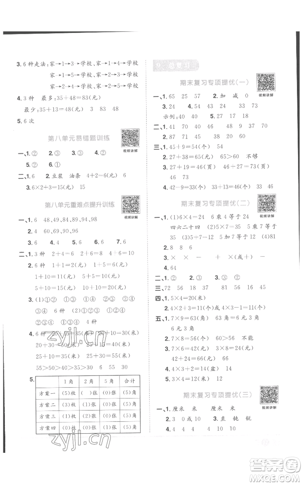浙江教育出版2022陽光同學課時達標訓練二年級上冊數(shù)學人教版浙江專版參考答案