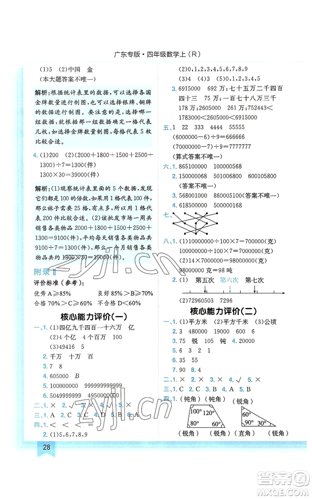 龍門書局2022黃岡小狀元作業(yè)本四年級(jí)上冊(cè)數(shù)學(xué)人教版廣東專版參考答案