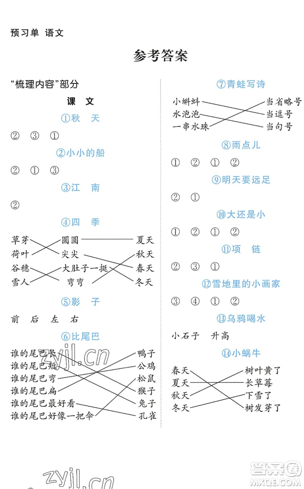 江西教育出版社2022陽光同學(xué)課時優(yōu)化作業(yè)一年級語文上冊五四專用答案