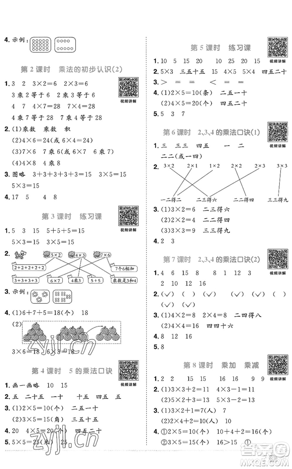 江西教育出版社2022陽光同學課時優(yōu)化作業(yè)二年級數(shù)學上冊RJ人教版答案