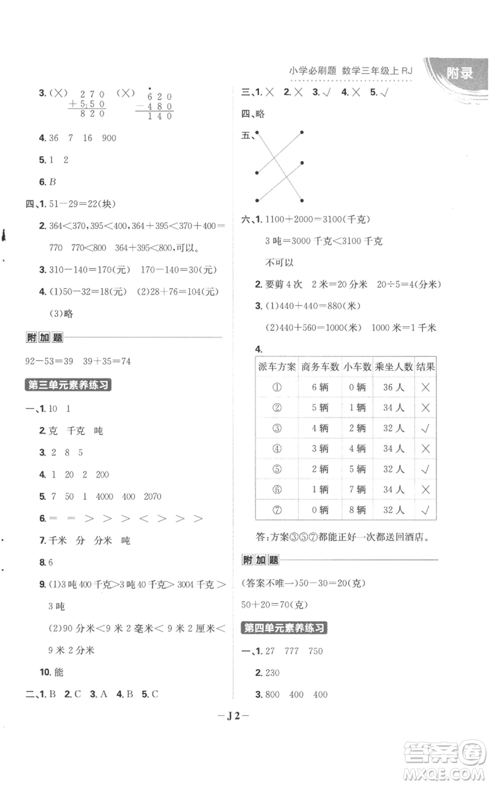 首都師范大學(xué)出版社2022小學(xué)必刷題三年級上冊數(shù)學(xué)人教版參考答案