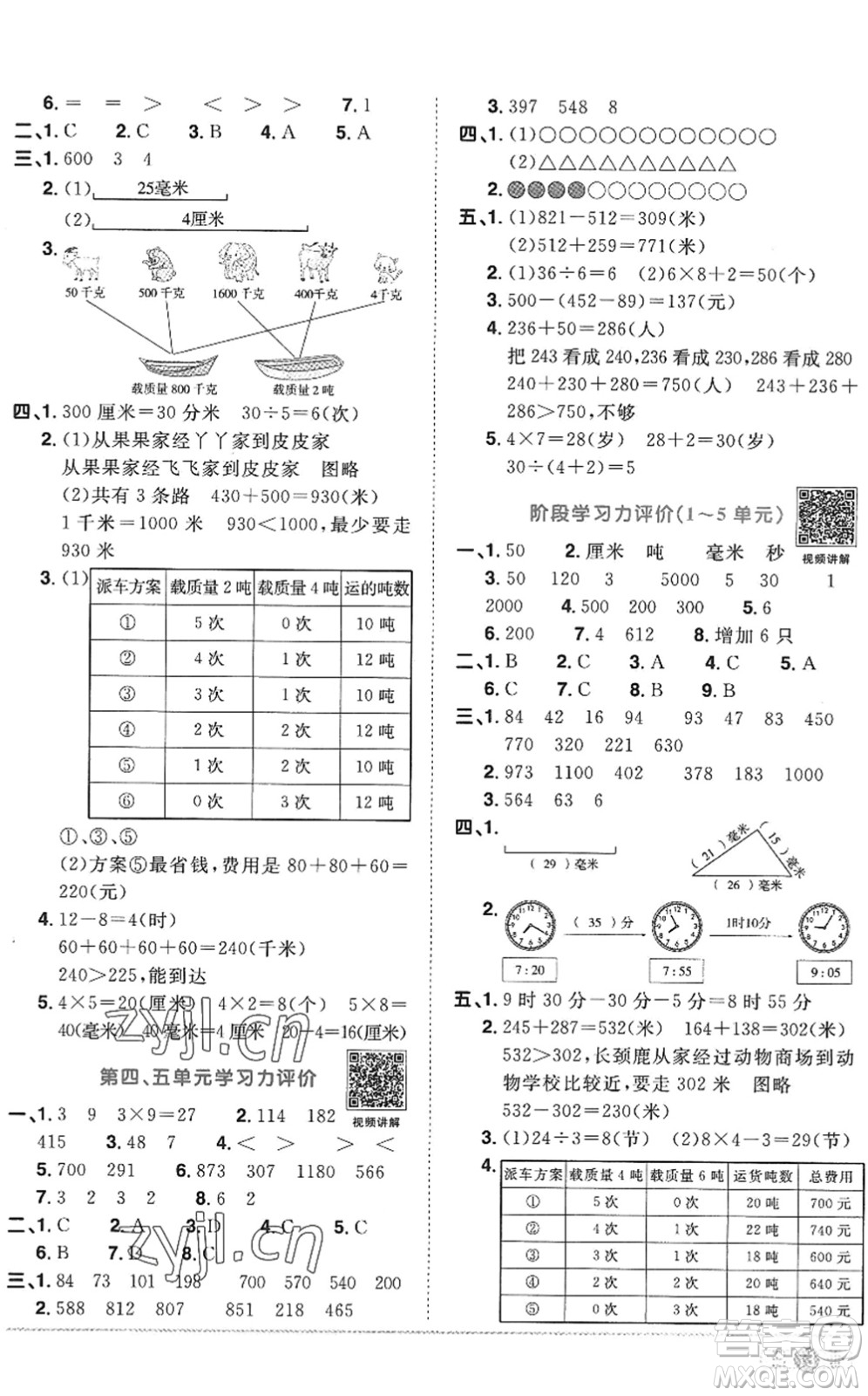 江西教育出版社2022陽光同學課時優(yōu)化作業(yè)三年級數(shù)學上冊RJ人教版答案