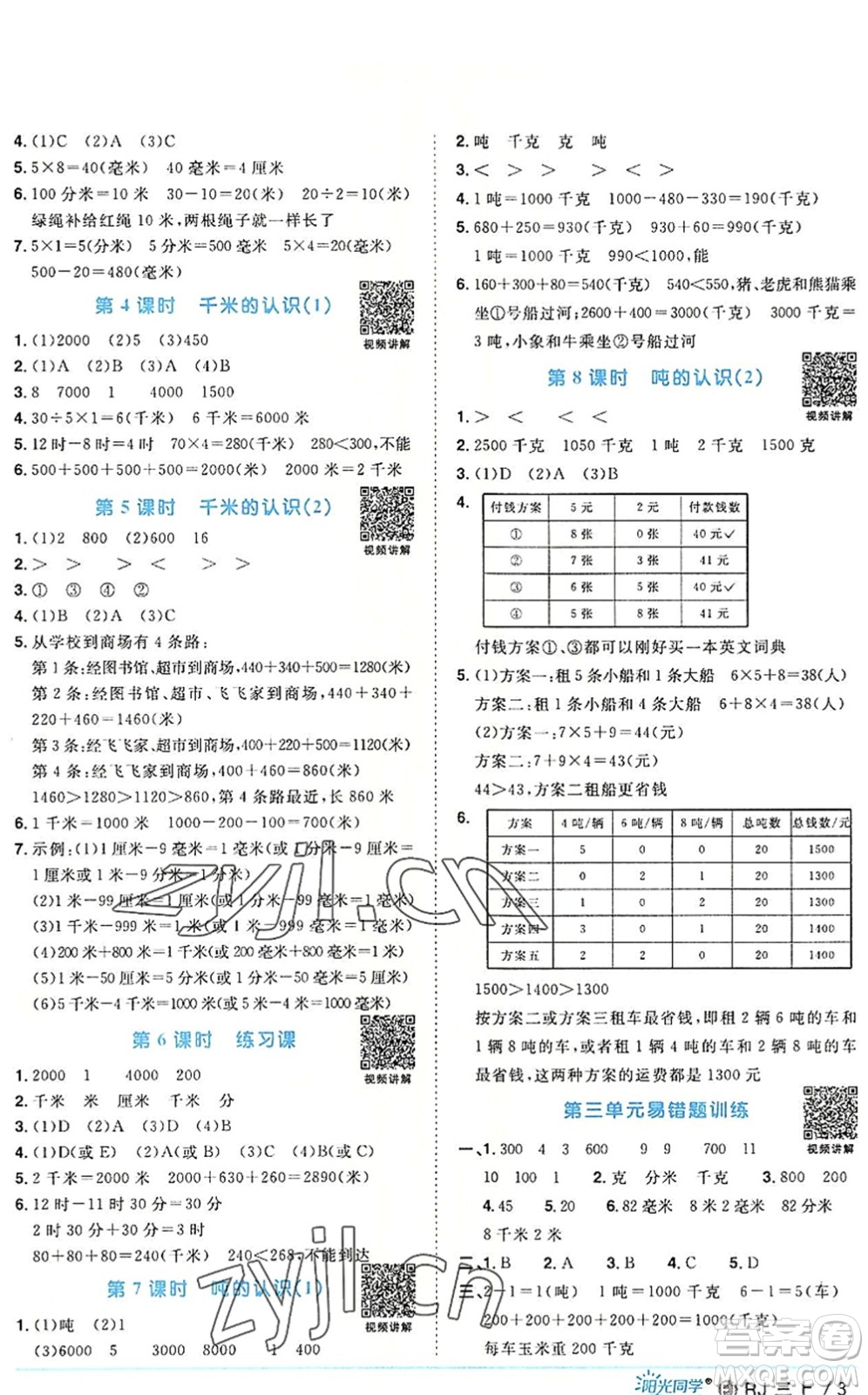 福建少年兒童出版社2022陽(yáng)光同學(xué)課時(shí)優(yōu)化作業(yè)三年級(jí)數(shù)學(xué)上冊(cè)RJ人教版福建專(zhuān)版答案