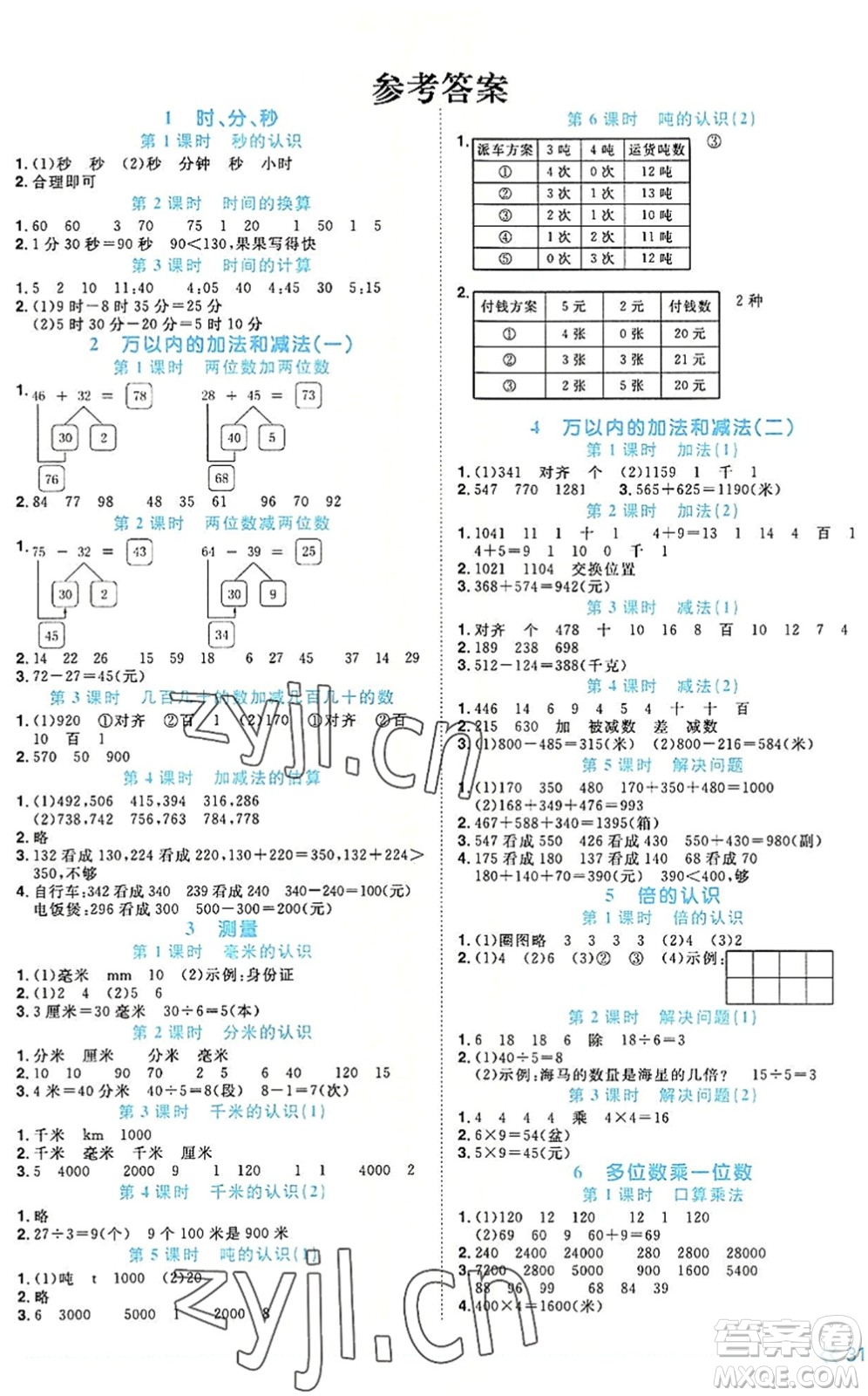 福建少年兒童出版社2022陽(yáng)光同學(xué)課時(shí)優(yōu)化作業(yè)三年級(jí)數(shù)學(xué)上冊(cè)RJ人教版福建專(zhuān)版答案