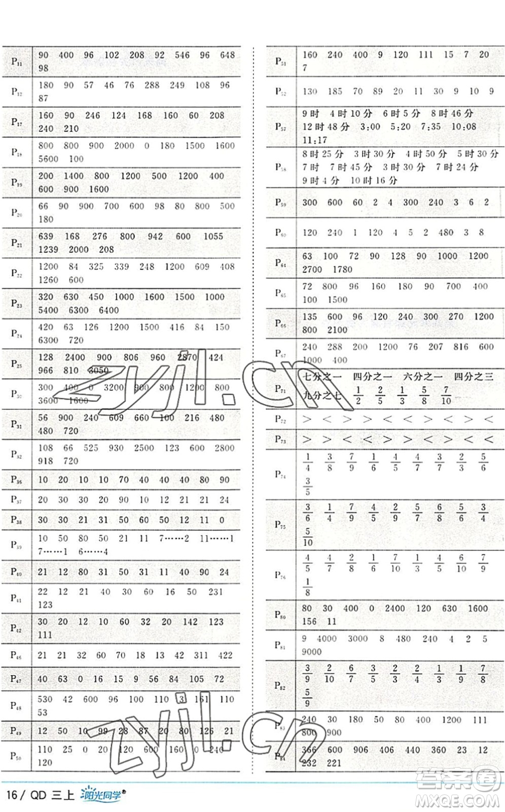 江西教育出版社2022陽光同學(xué)課時優(yōu)化作業(yè)三年級數(shù)學(xué)上冊QD青島版答案