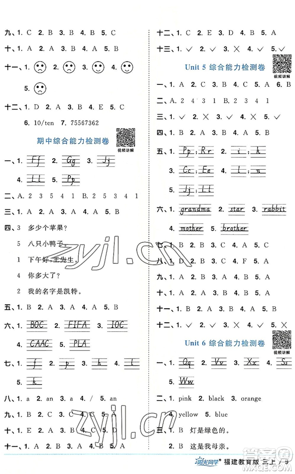 江西教育出版社2022陽光同學課時優(yōu)化作業(yè)三年級英語上冊福建教育版答案
