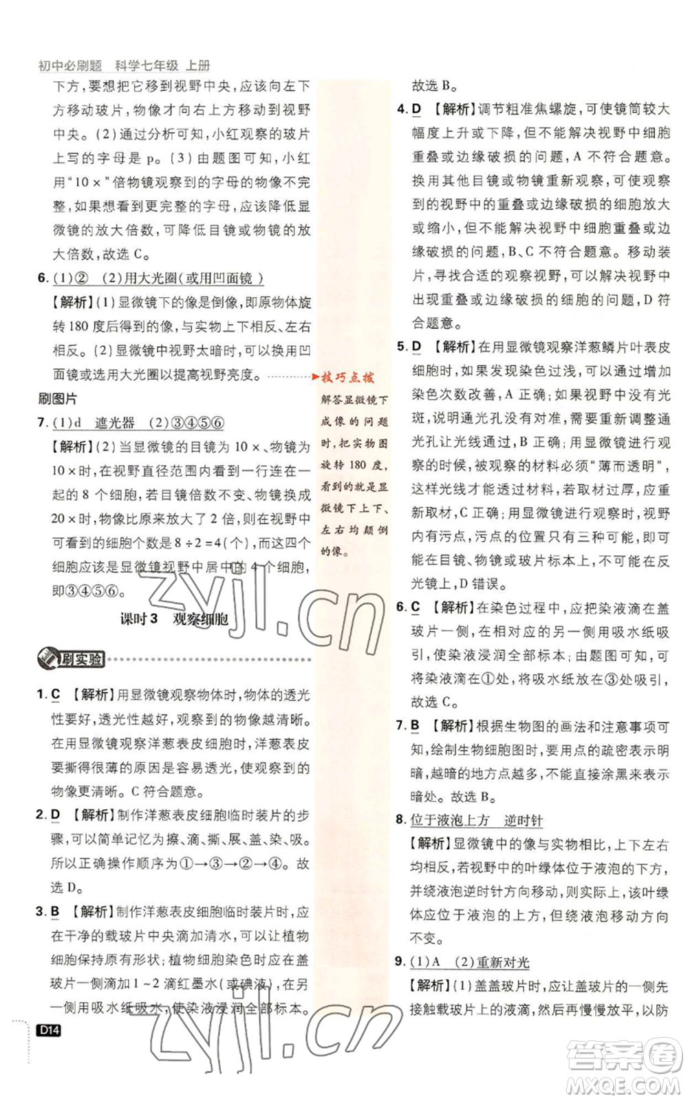 新世界出版社2023初中必刷題七年級(jí)上冊(cè)科學(xué)浙教版參考答案