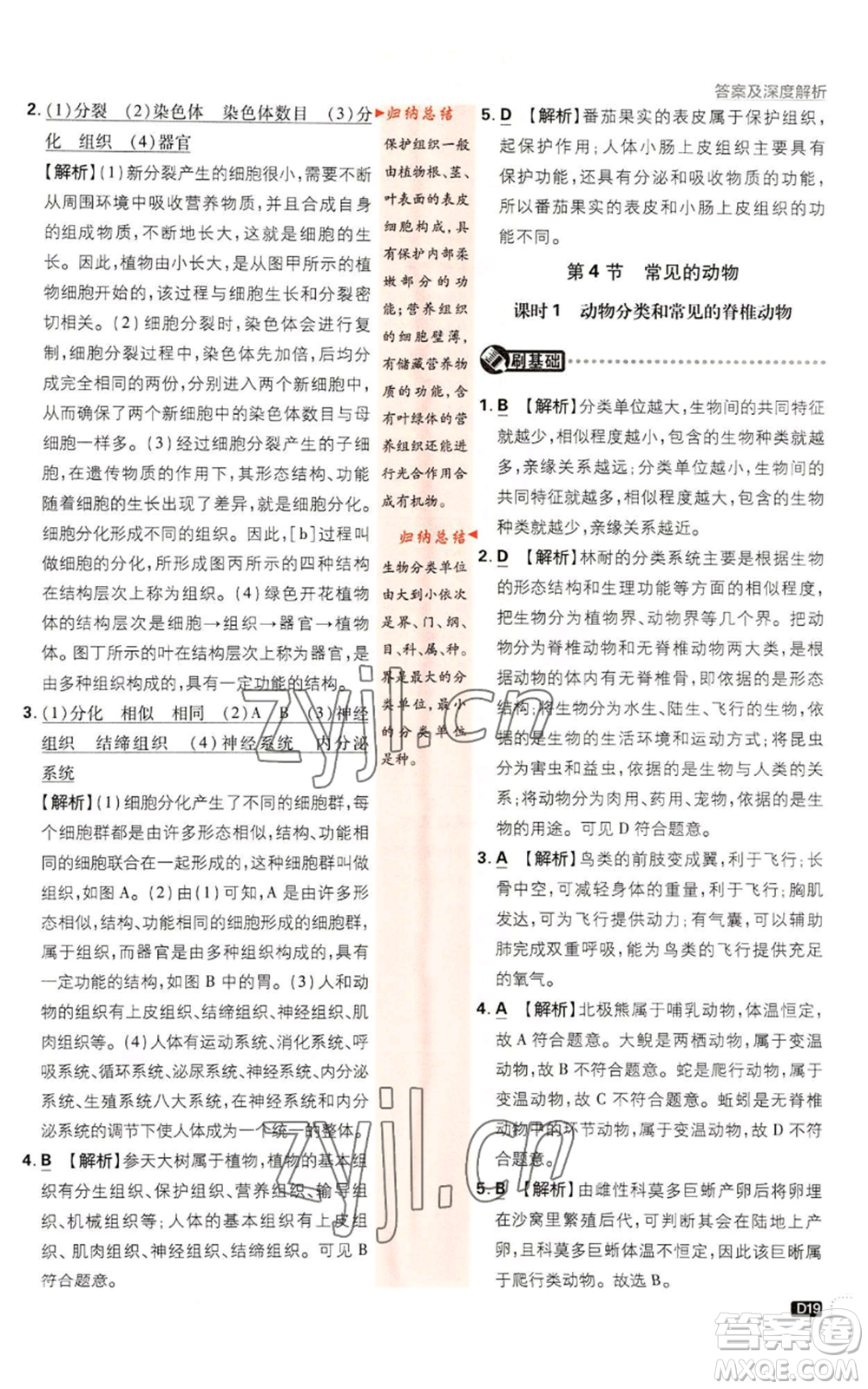 新世界出版社2023初中必刷題七年級(jí)上冊(cè)科學(xué)浙教版參考答案
