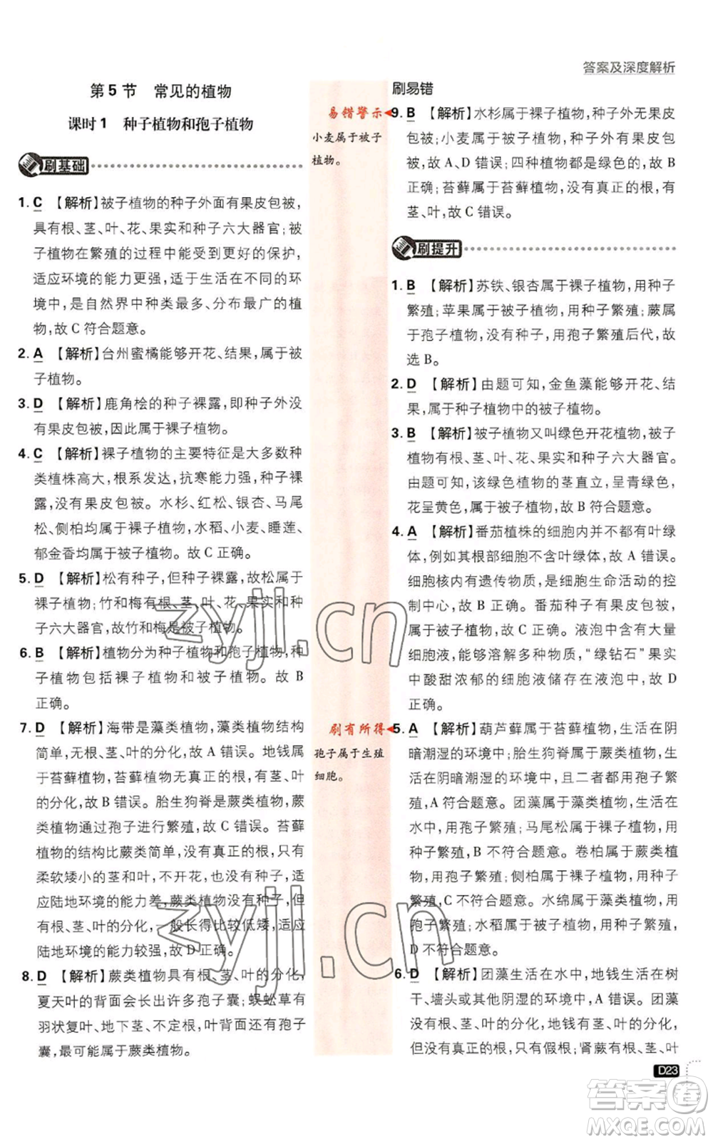 新世界出版社2023初中必刷題七年級(jí)上冊(cè)科學(xué)浙教版參考答案