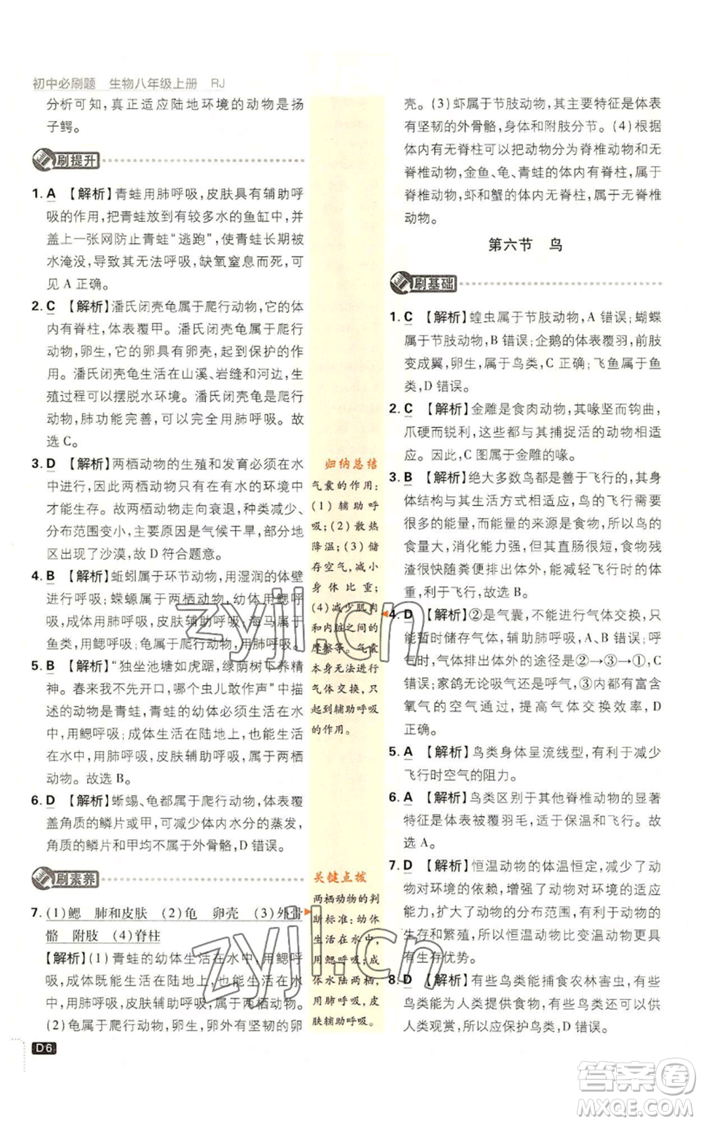 開明出版社2023初中必刷題八年級上冊生物人教版參考答案