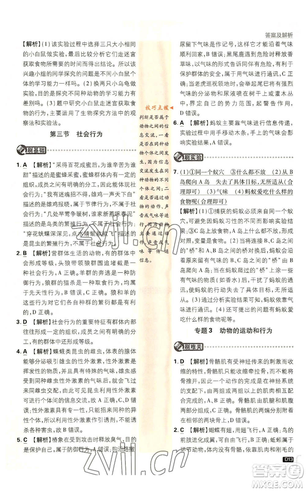 開明出版社2023初中必刷題八年級上冊生物人教版參考答案