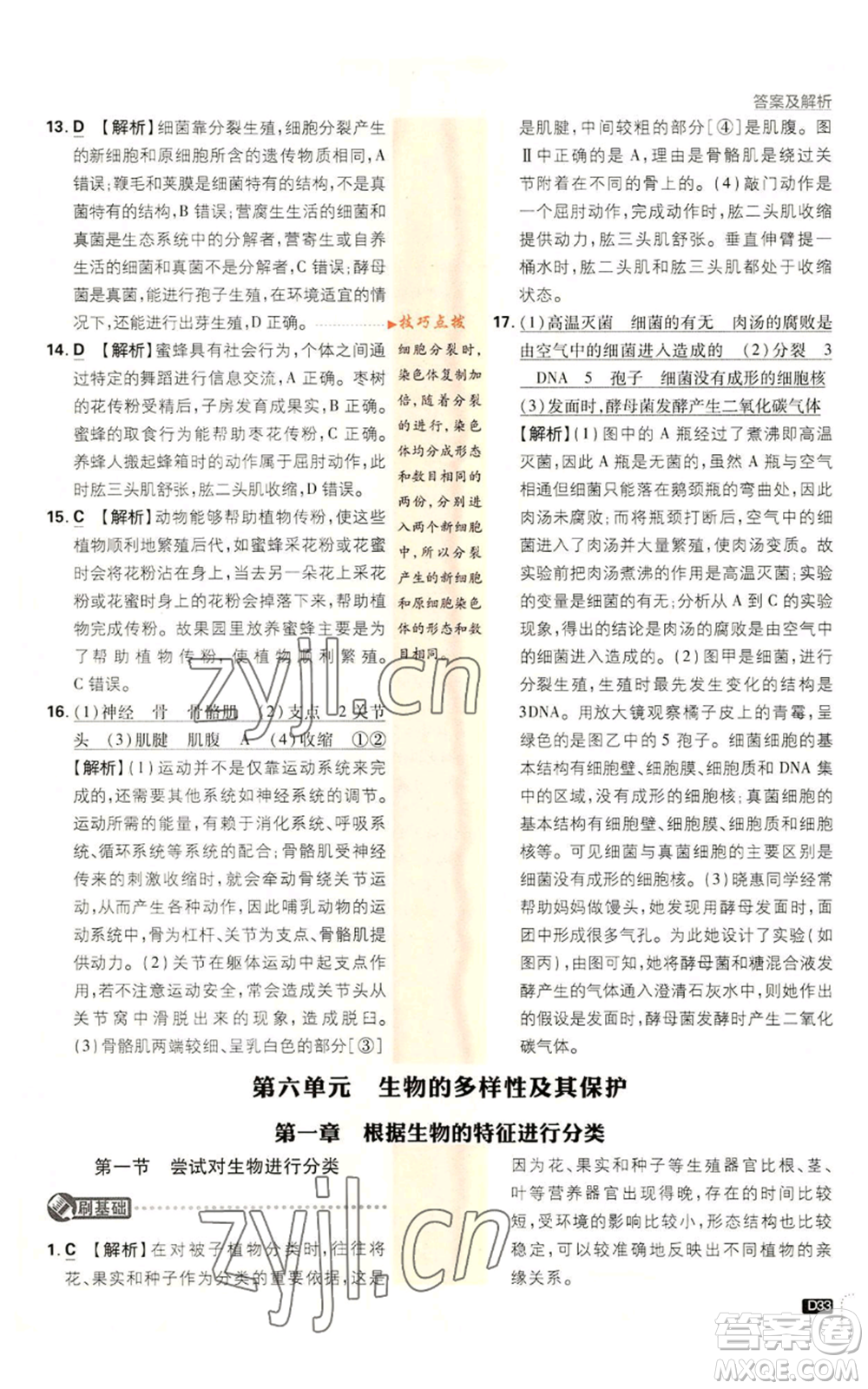 開明出版社2023初中必刷題八年級上冊生物人教版參考答案
