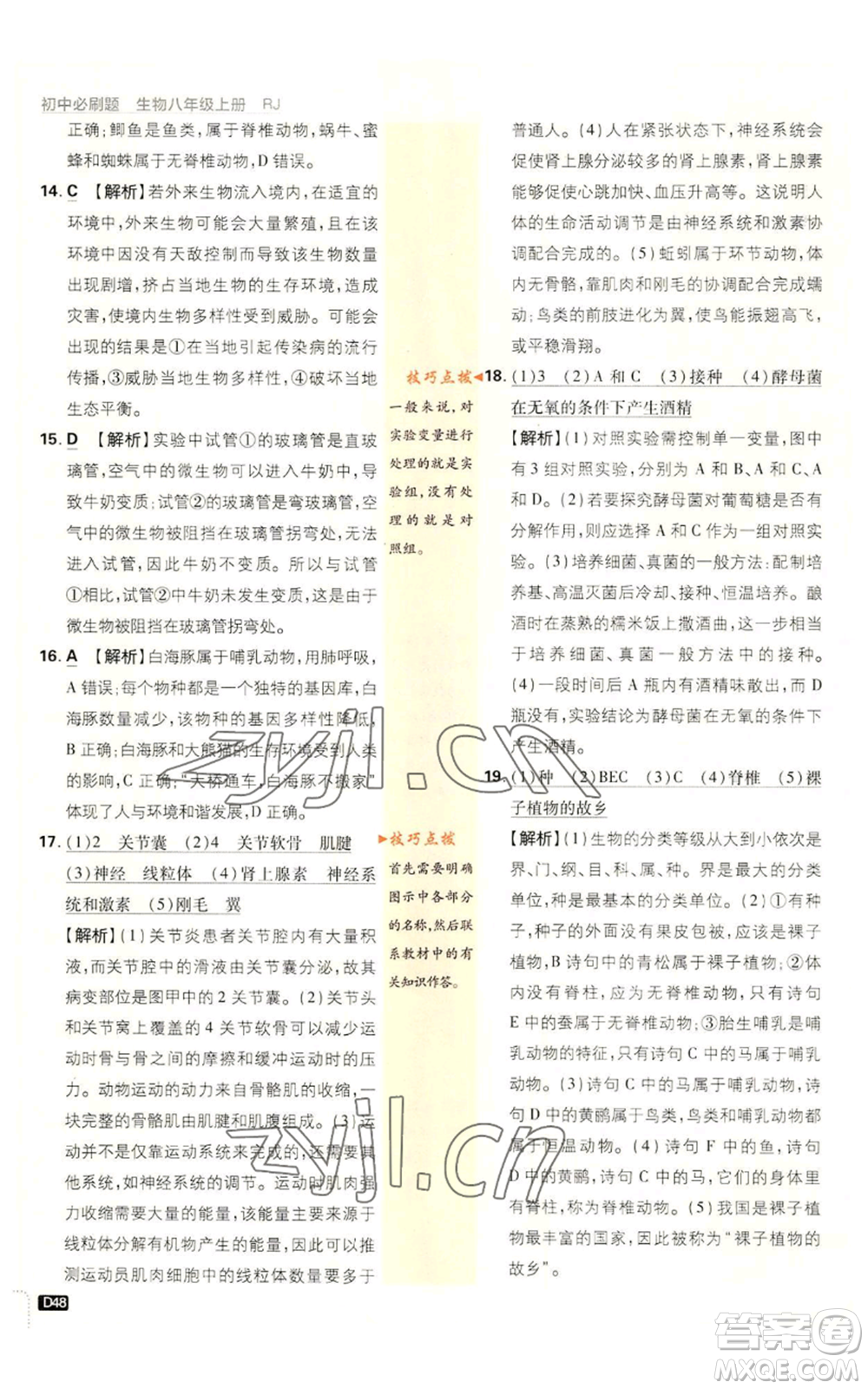 開明出版社2023初中必刷題八年級上冊生物人教版參考答案