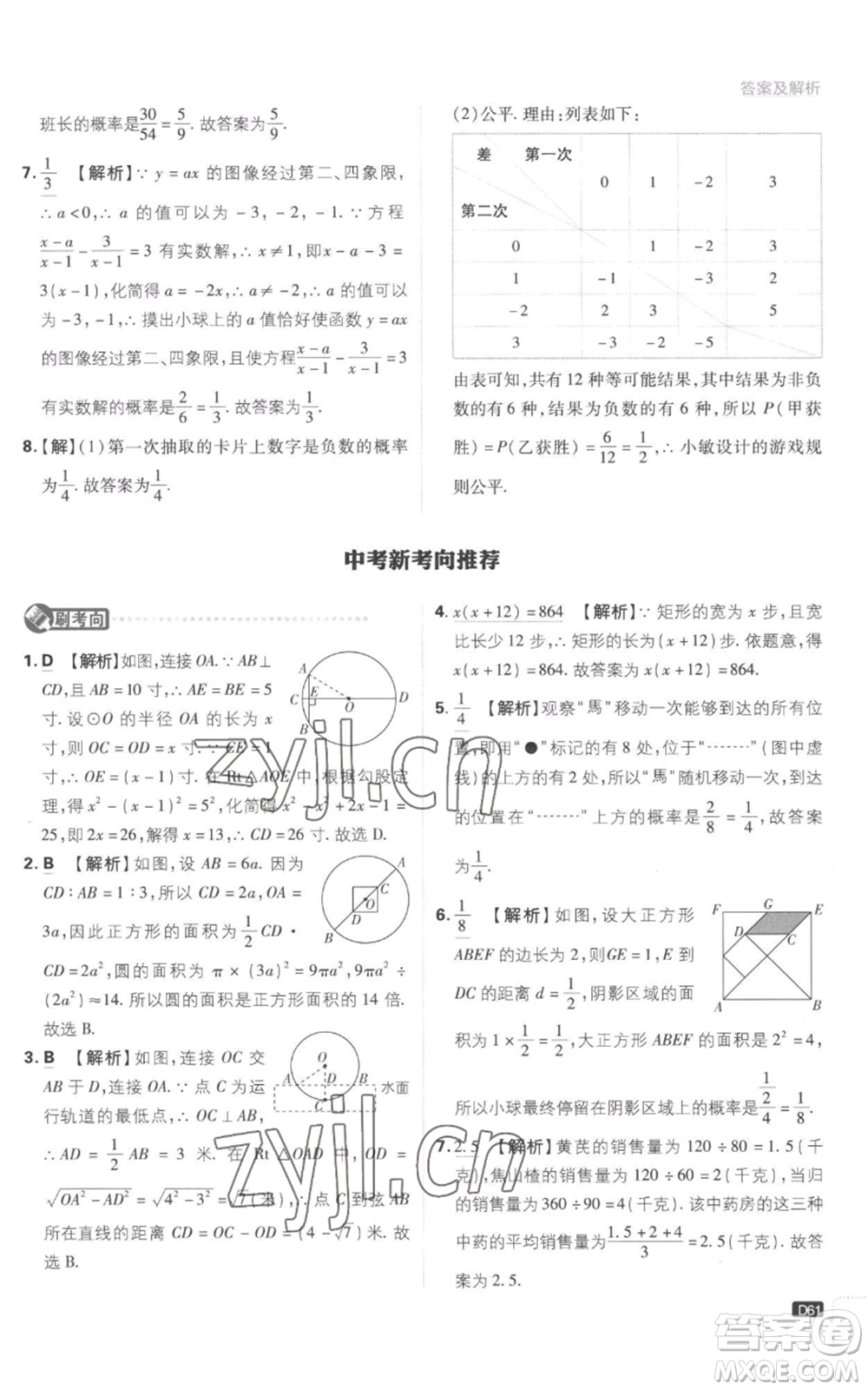 開明出版社2023初中必刷題九年級(jí)上冊(cè)數(shù)學(xué)江蘇版參考答案