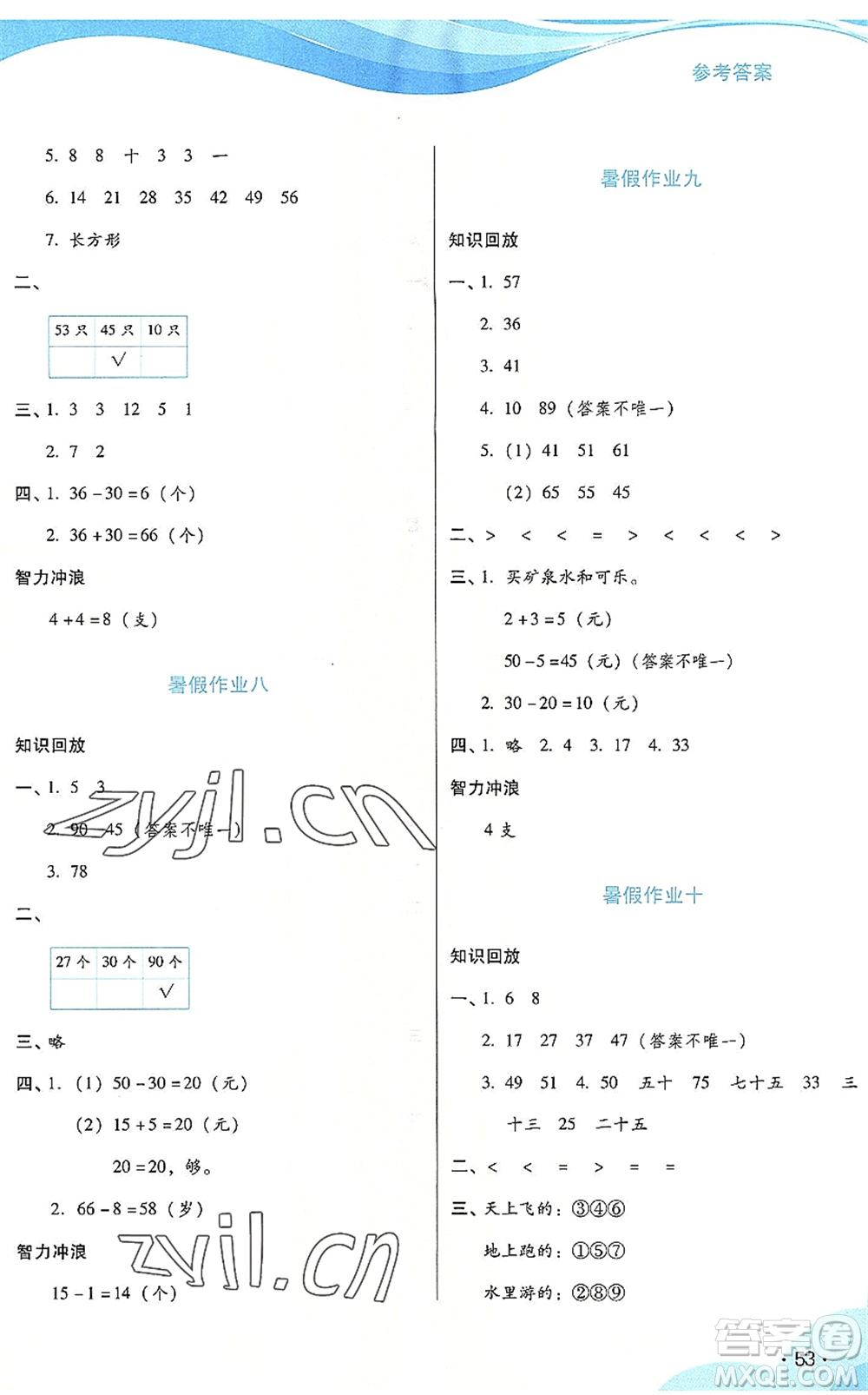 二十一世紀出版社2022暑假生活指導(dǎo)一年級數(shù)學(xué)RJ人教版答案