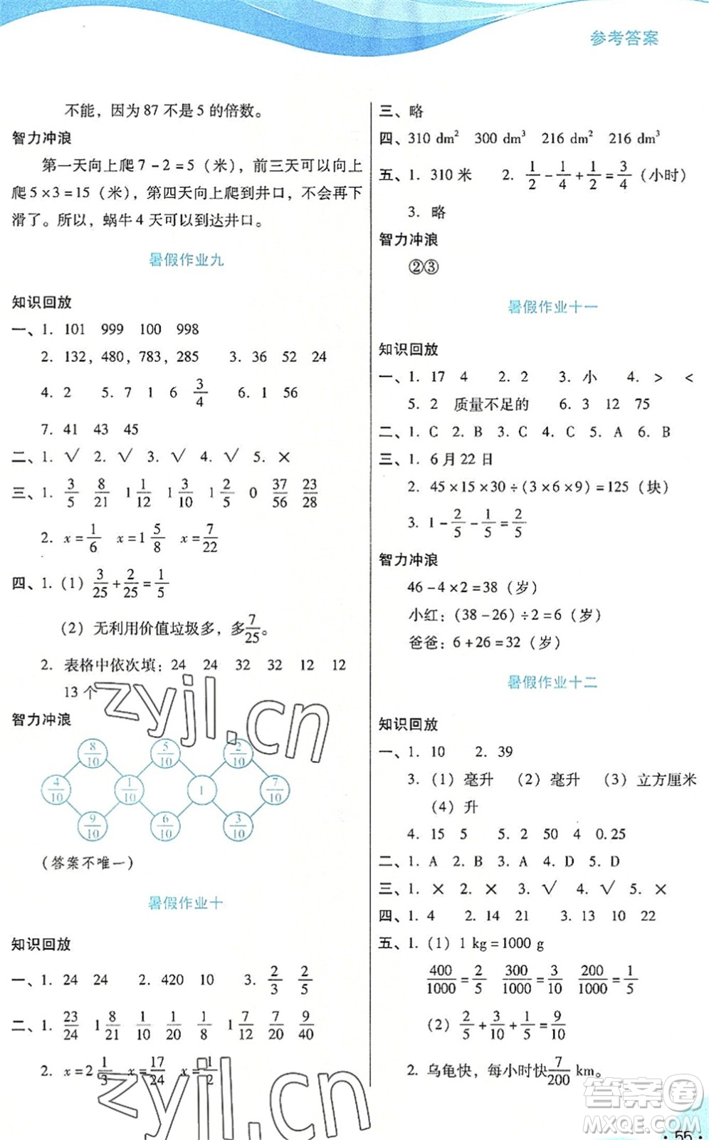 二十一世紀(jì)出版社2022暑假生活指導(dǎo)五年級數(shù)學(xué)RJ人教版答案