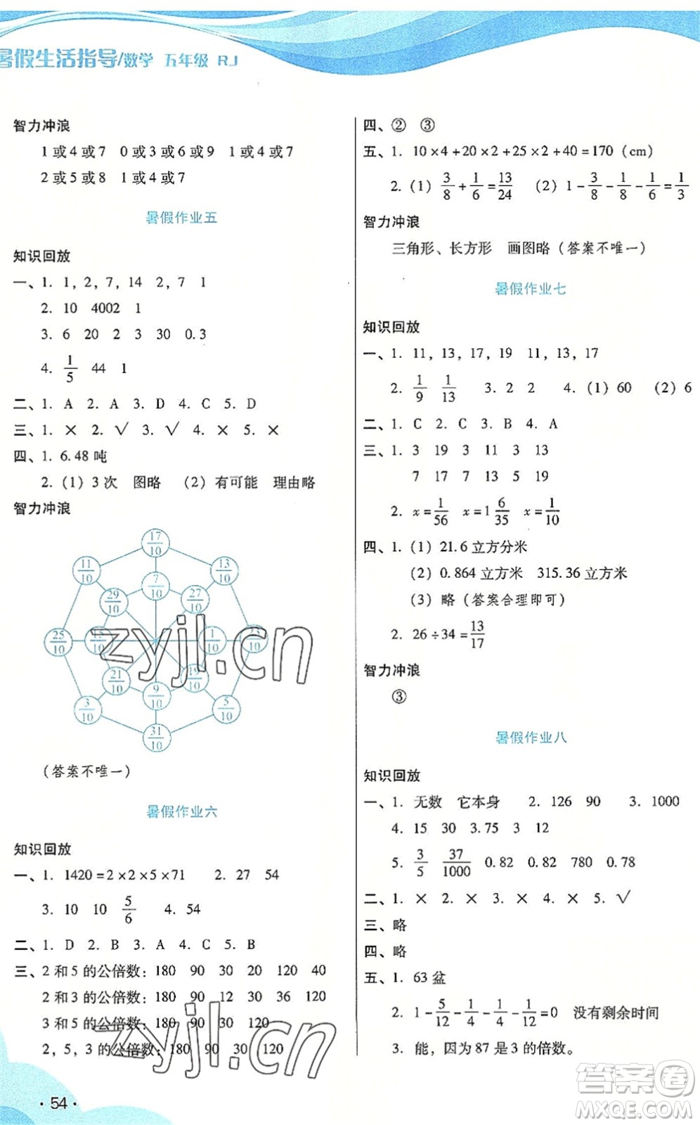 二十一世紀(jì)出版社2022暑假生活指導(dǎo)五年級數(shù)學(xué)RJ人教版答案
