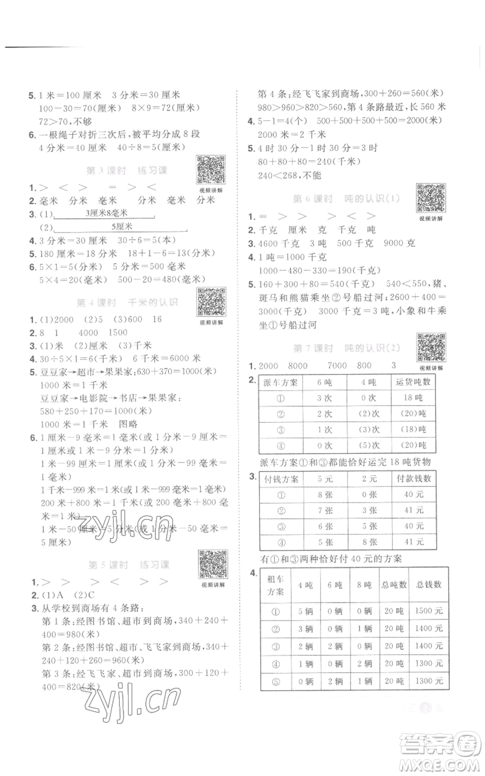 浙江教育出版社2022陽光同學(xué)課時達標訓(xùn)練三年級上冊數(shù)學(xué)人教版浙江專版參考答案