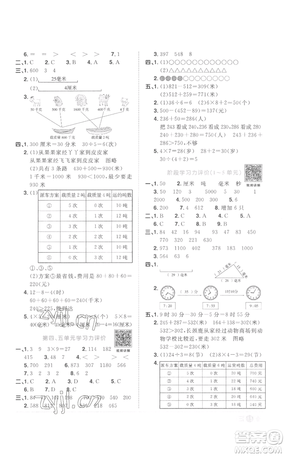 浙江教育出版社2022陽光同學(xué)課時達標訓(xùn)練三年級上冊數(shù)學(xué)人教版浙江專版參考答案