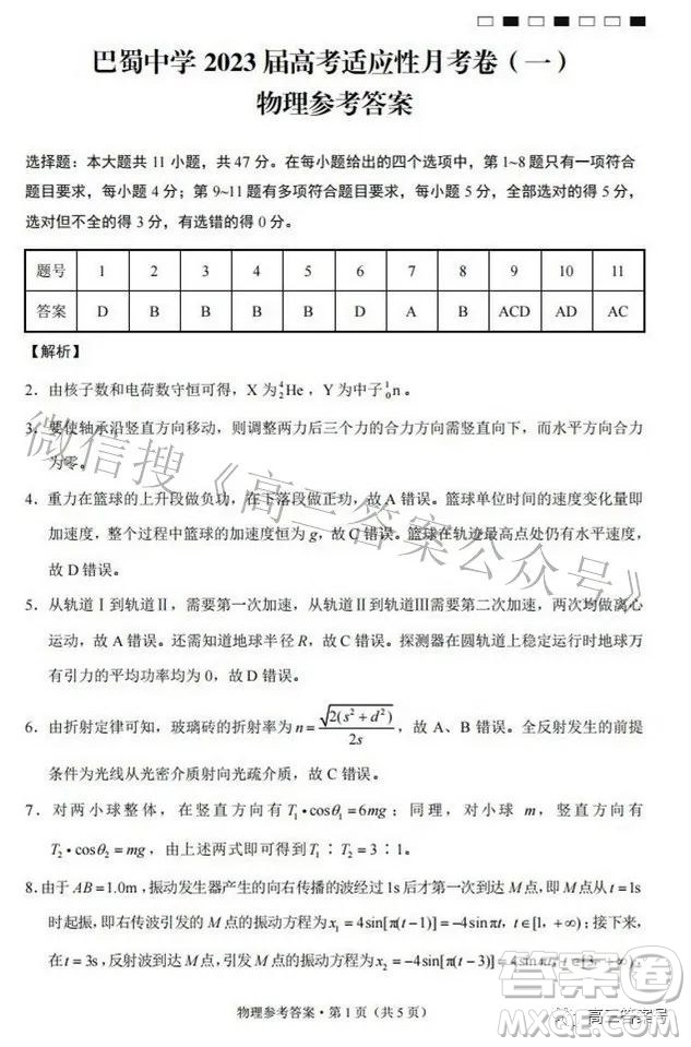 巴蜀中學(xué)2023屆高考適應(yīng)性月考卷一物理試題及答案
