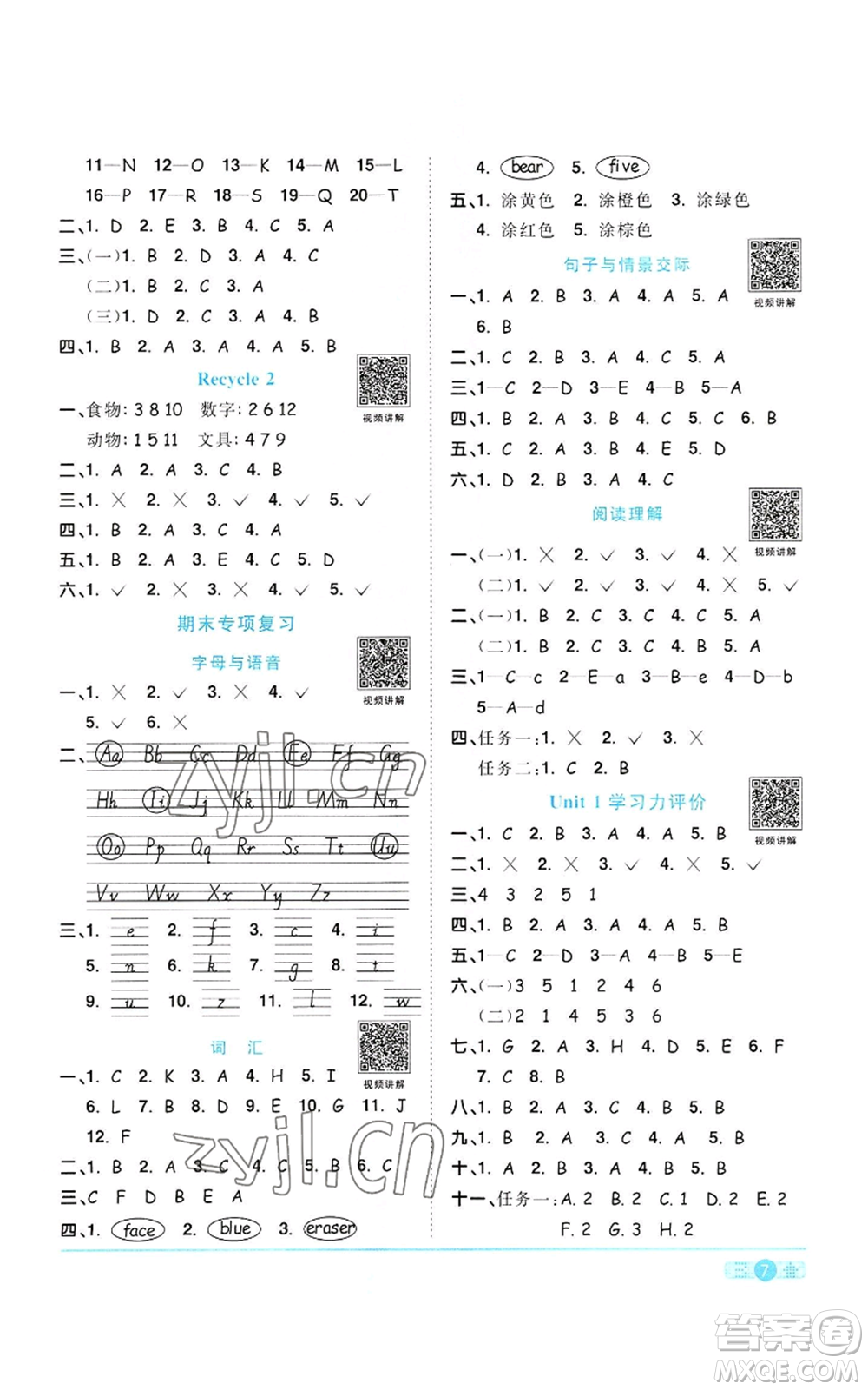 浙江教育出版社2022陽(yáng)光同學(xué)課時(shí)達(dá)標(biāo)訓(xùn)練三年級(jí)上冊(cè)英語(yǔ)人教版浙江專版參考答案