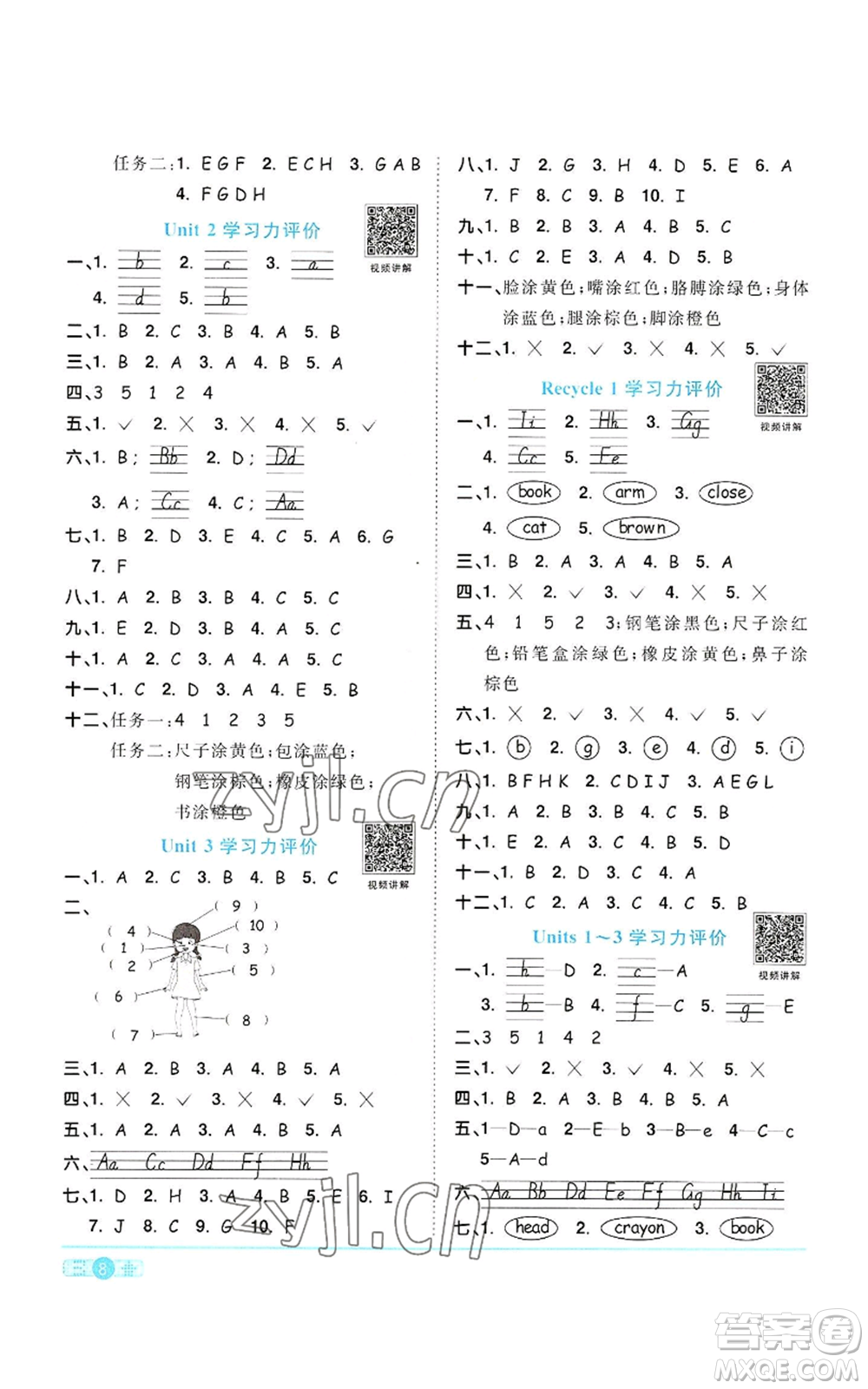 浙江教育出版社2022陽(yáng)光同學(xué)課時(shí)達(dá)標(biāo)訓(xùn)練三年級(jí)上冊(cè)英語(yǔ)人教版浙江專版參考答案