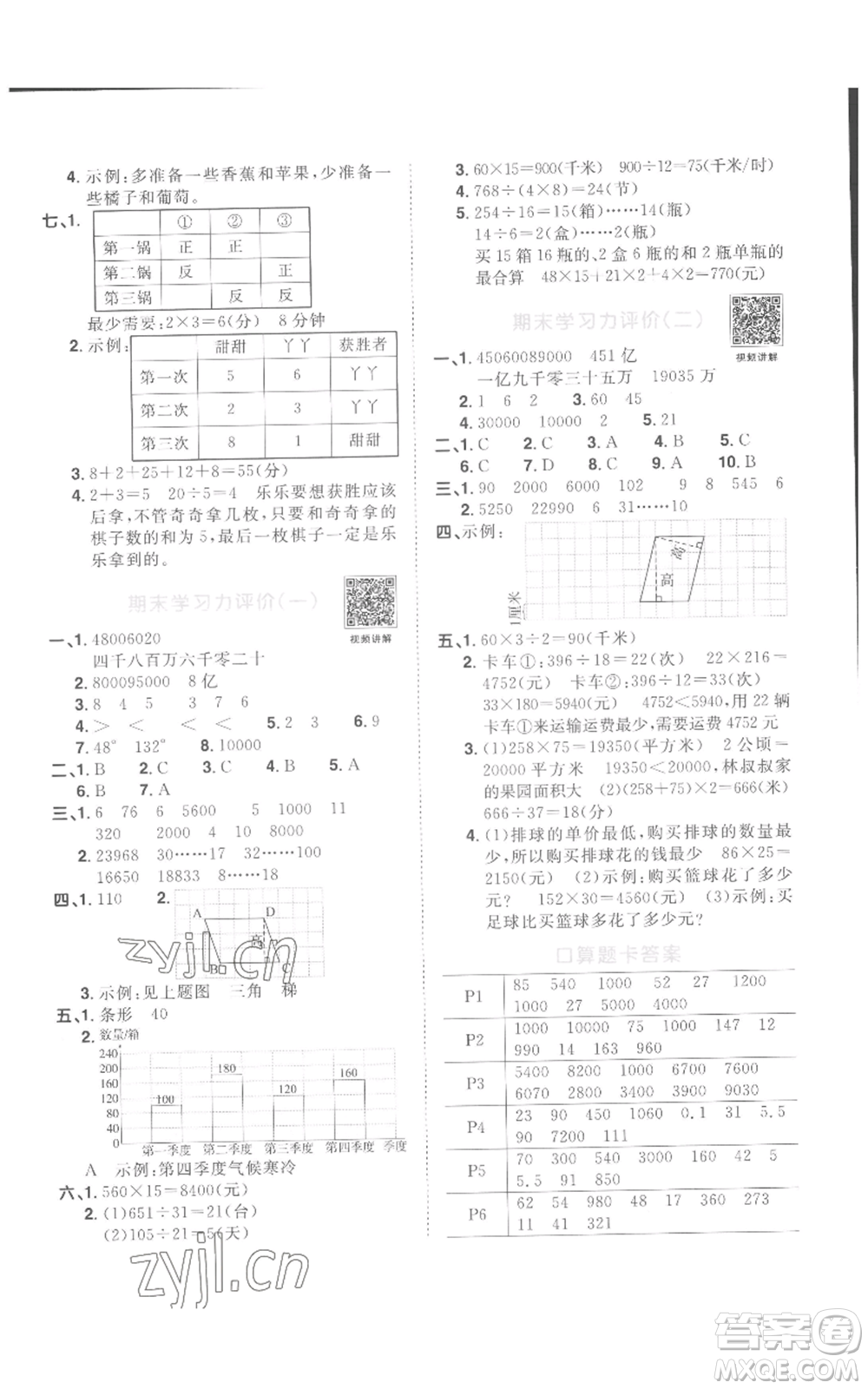 浙江教育出版社2022陽光同學(xué)課時達(dá)標(biāo)訓(xùn)練四年級上冊數(shù)學(xué)人教版浙江專版參考答案