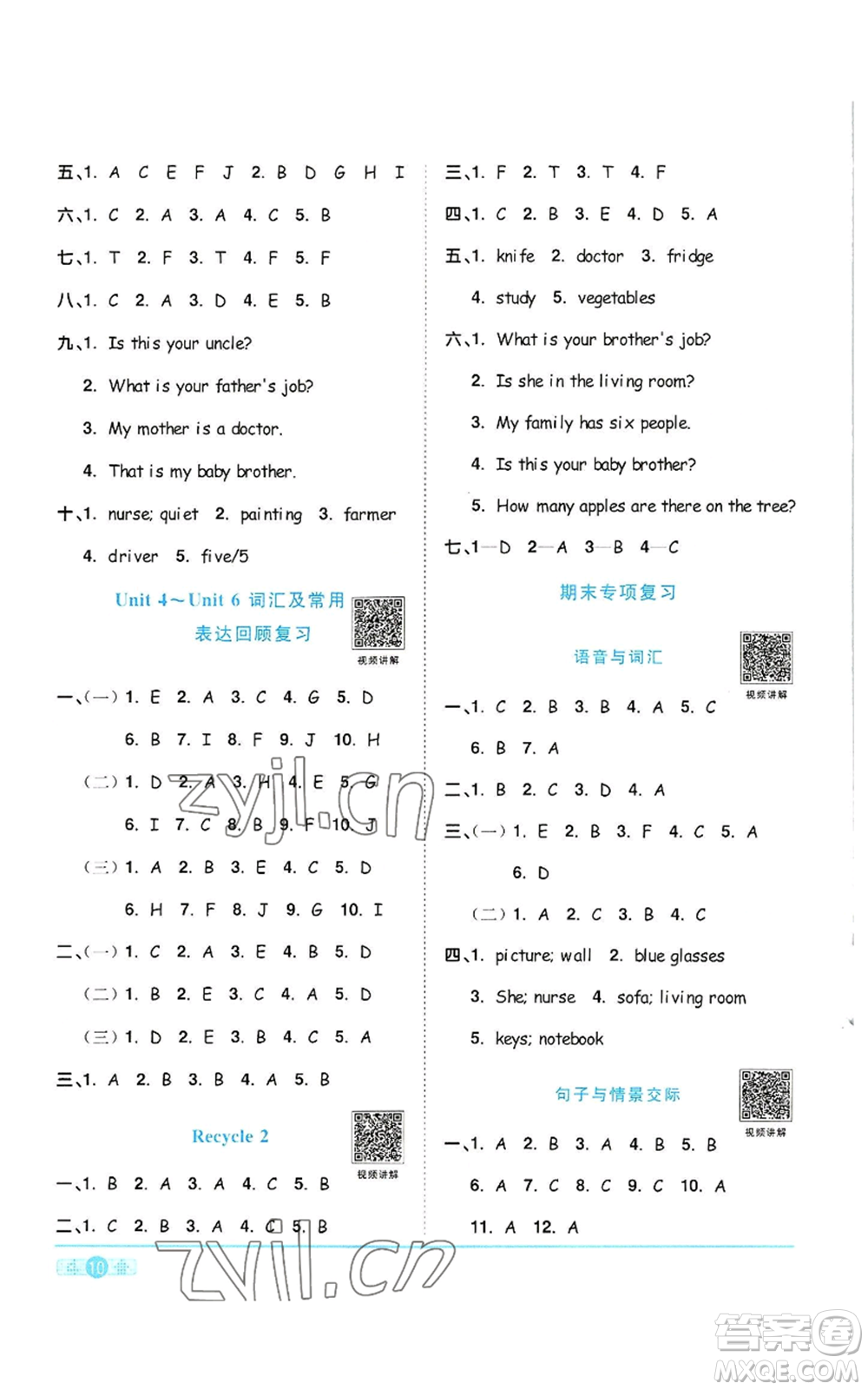 浙江教育出版社2022陽(yáng)光同學(xué)課時(shí)達(dá)標(biāo)訓(xùn)練四年級(jí)上冊(cè)英語(yǔ)人教版浙江專(zhuān)版參考答案