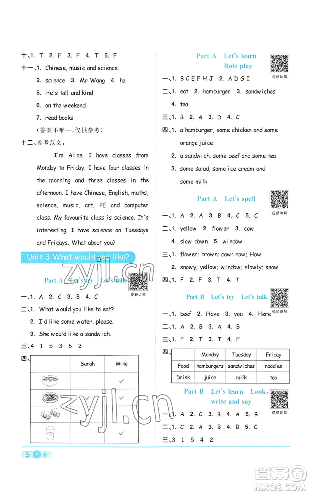浙江教育出版社2022陽光同學(xué)課時達標(biāo)訓(xùn)練五年級上冊英語人教版浙江專版參考答案