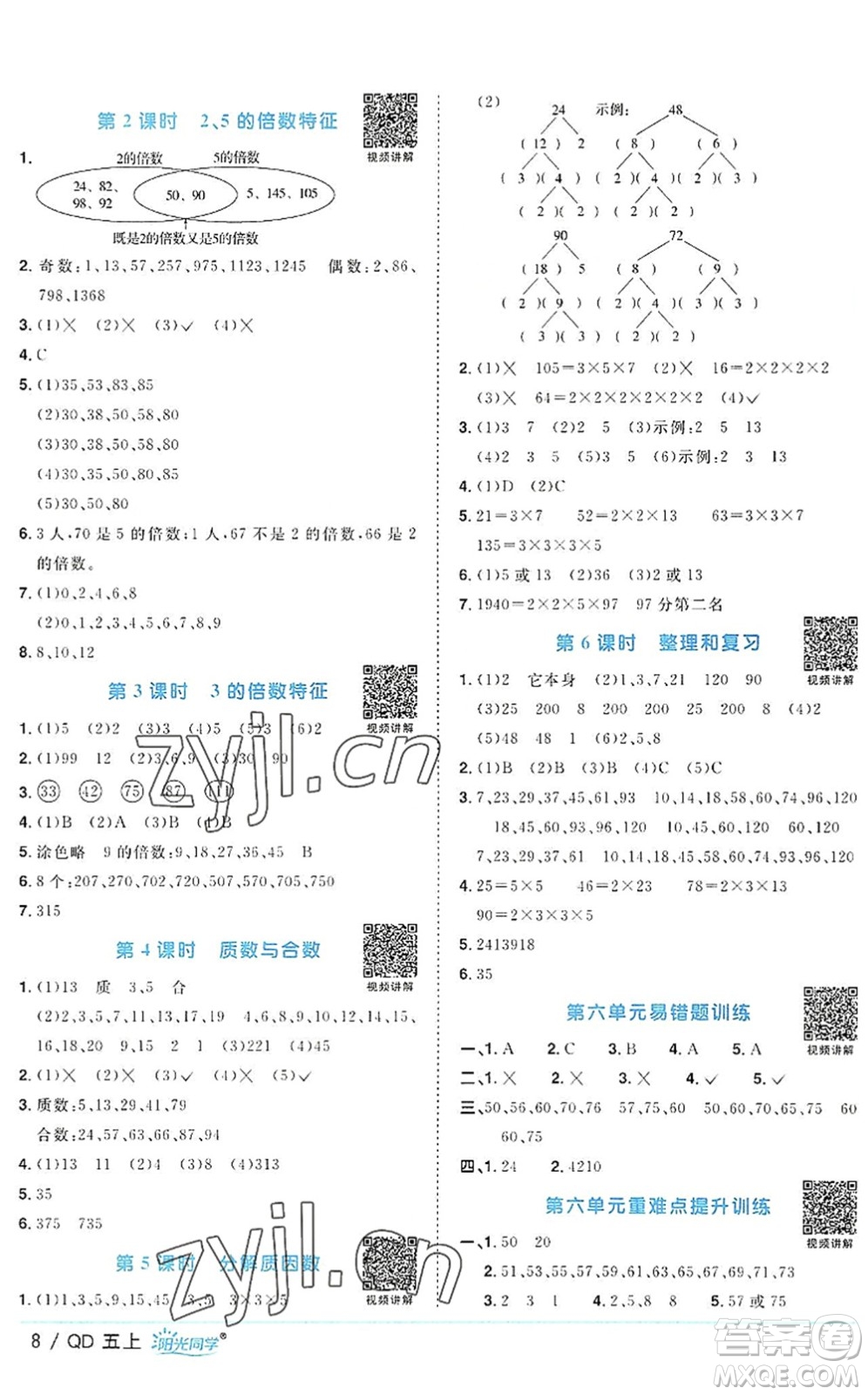 江西教育出版社2022陽光同學(xué)課時優(yōu)化作業(yè)五年級數(shù)學(xué)上冊QD青島版答案
