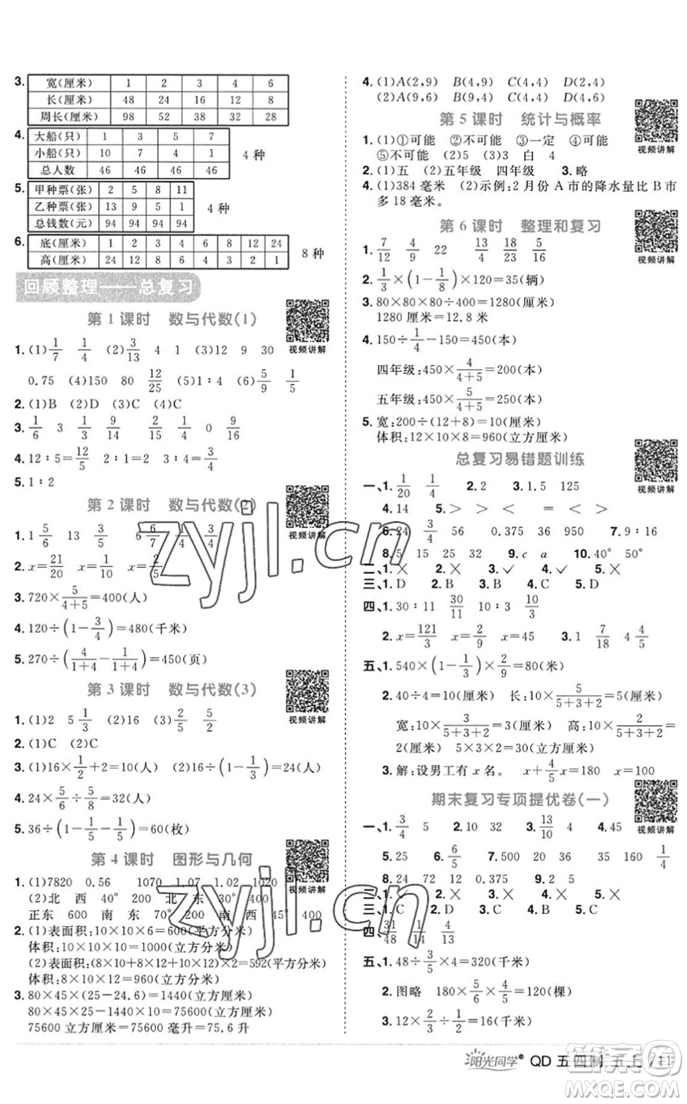 江西教育出版社2022陽(yáng)光同學(xué)課時(shí)優(yōu)化作業(yè)五年級(jí)數(shù)學(xué)上冊(cè)QD青島版五四專(zhuān)用答案