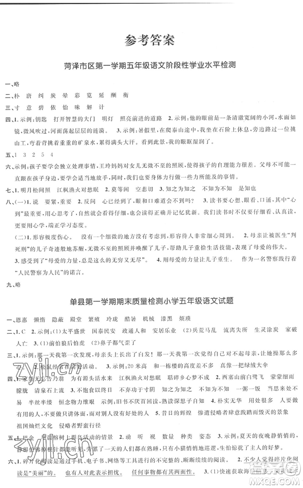 江西教育出版社2022陽光同學(xué)課時(shí)優(yōu)化作業(yè)五年級(jí)語文上冊(cè)RJ人教版菏澤專版答案