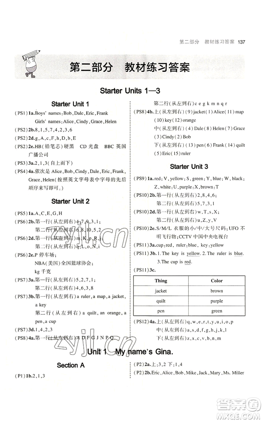 教育科學出版社2023年5年中考3年模擬七年級上冊英語人教版河南專版參考答案