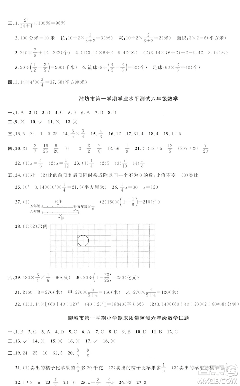 江西教育出版社2022陽光同學課時優(yōu)化作業(yè)六年級數(shù)學上冊QD青島版答案