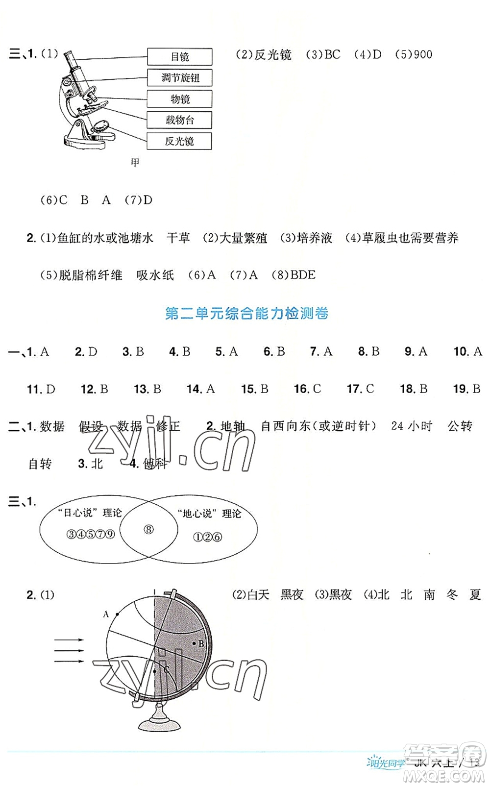 江西教育出版社2022陽光同學課時優(yōu)化作業(yè)六年級科學上冊JK教科版答案