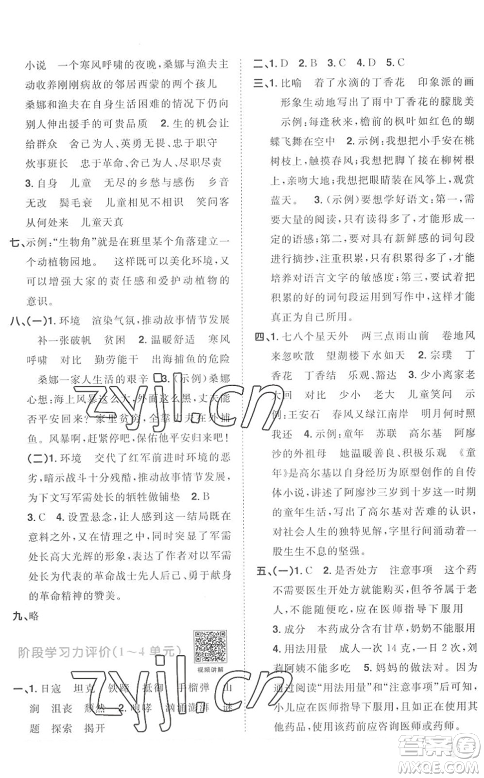 江西教育出版社2022陽光同學課時優(yōu)化作業(yè)六年級語文上冊RJ人教版菏澤專版答案