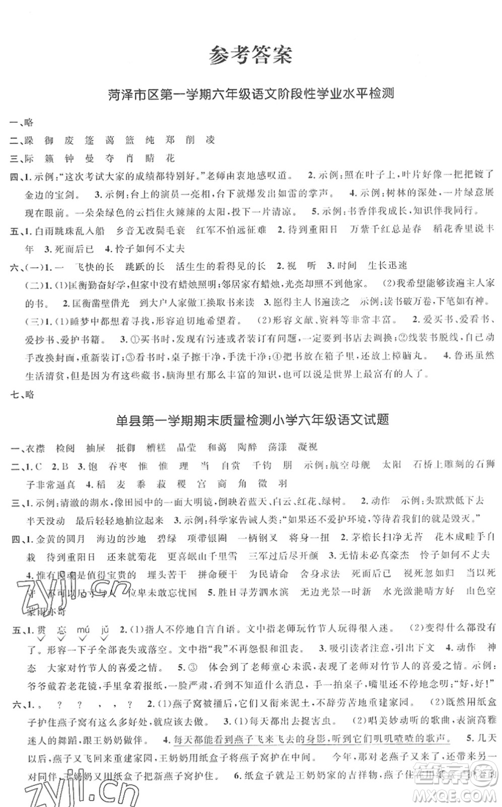 江西教育出版社2022陽光同學課時優(yōu)化作業(yè)六年級語文上冊RJ人教版菏澤專版答案