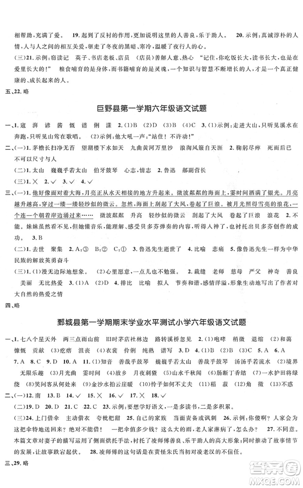 江西教育出版社2022陽光同學課時優(yōu)化作業(yè)六年級語文上冊RJ人教版菏澤專版答案