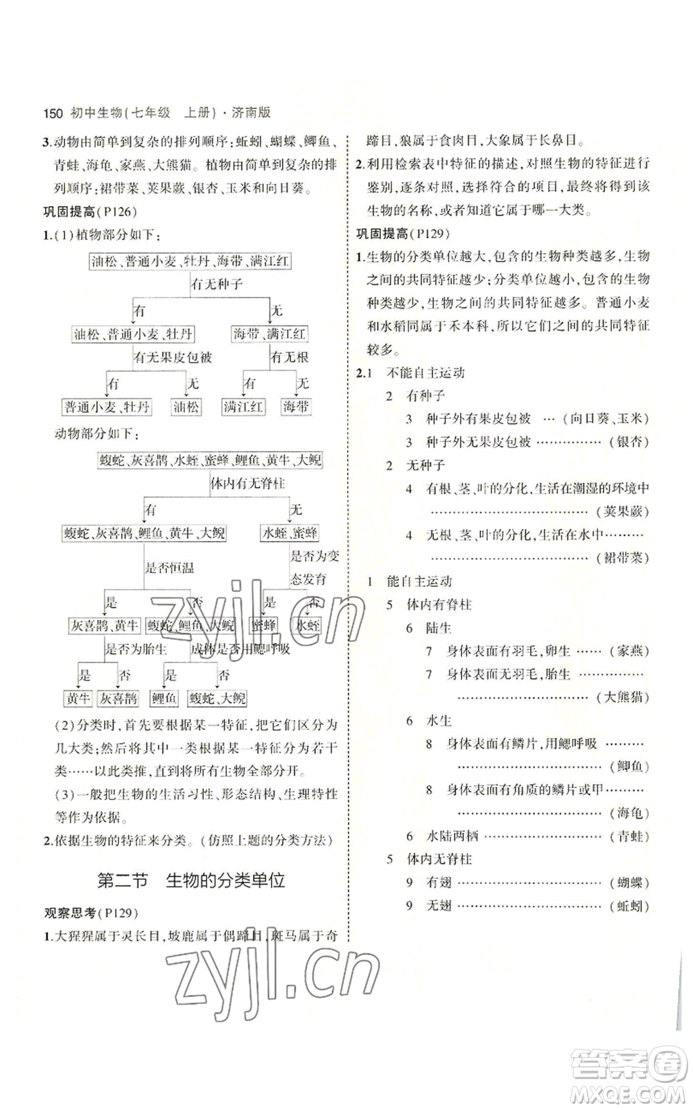 教育科學出版社2023年5年中考3年模擬七年級上冊生物濟南版參考答案