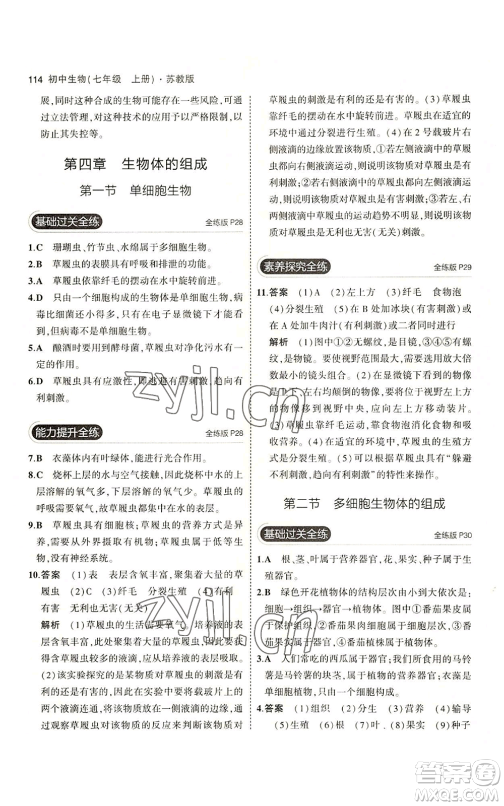 教育科學(xué)出版社2023年5年中考3年模擬七年級(jí)上冊(cè)生物蘇教版參考答案