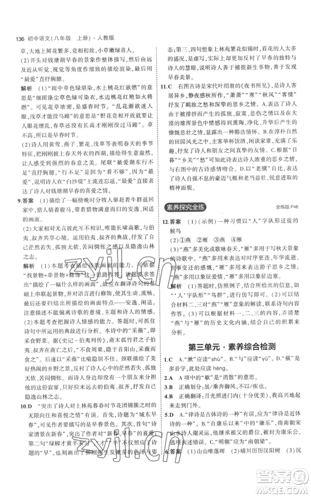 教育科學(xué)出版社2023年5年中考3年模擬八年級上冊語文人教版參考答案