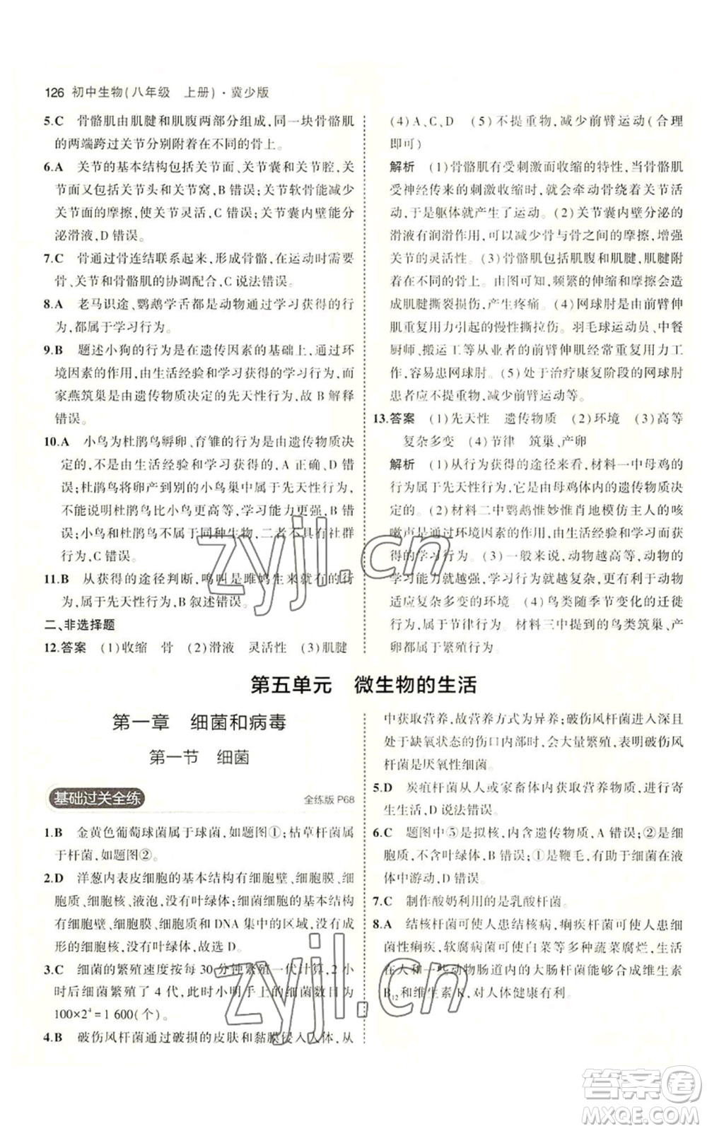 教育科學(xué)出版社2023年5年中考3年模擬八年級(jí)上冊(cè)生物冀少版參考答案