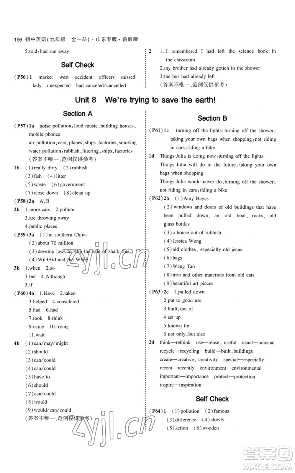 教育科學(xué)出版社2023年5年中考3年模擬九年級(jí)英語(yǔ)魯教版山東專版參考答案