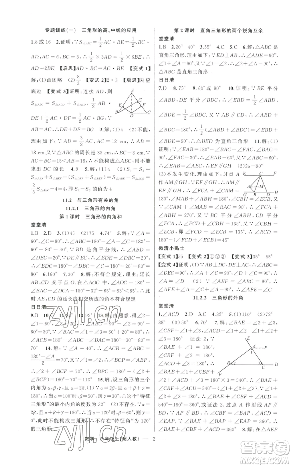 新疆青少年出版社2022四清導(dǎo)航八年級(jí)上冊數(shù)學(xué)人教版參考答案