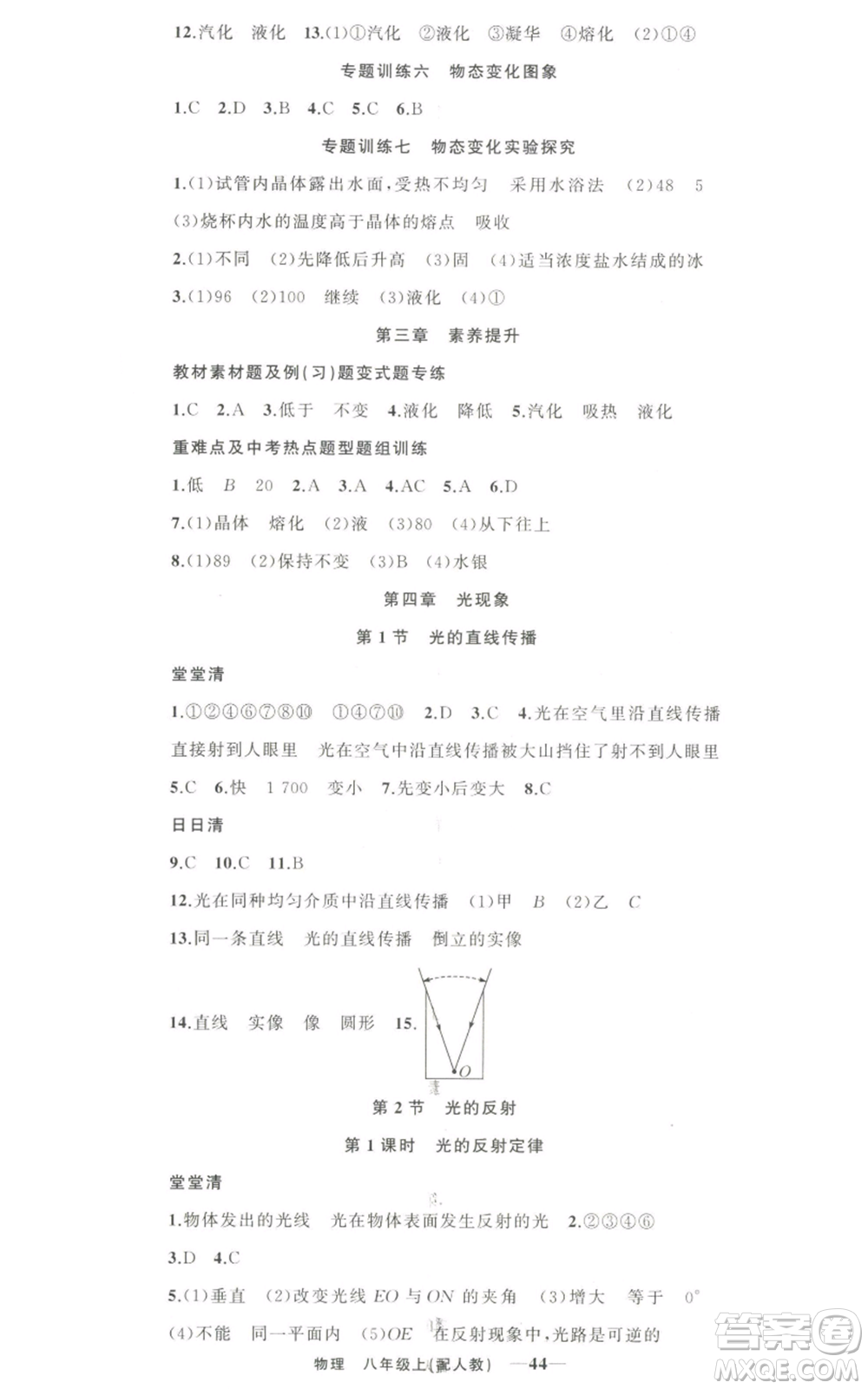 新疆青少年出版社2022四清導(dǎo)航八年級上冊物理人教版參考答案